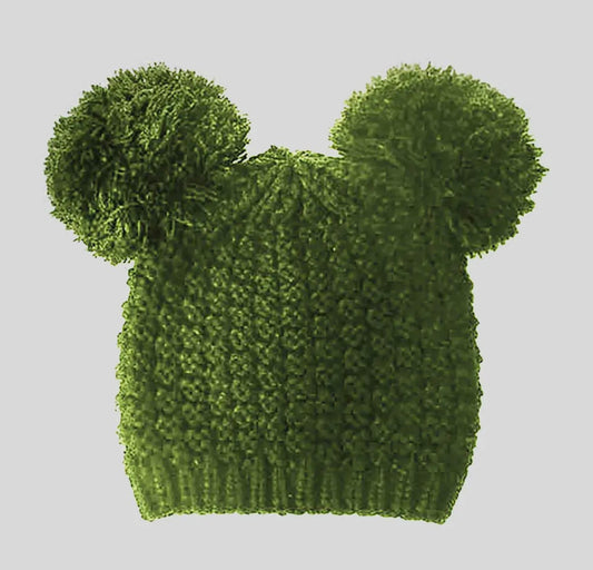 Double Pom Pom Knit Hat in Olive