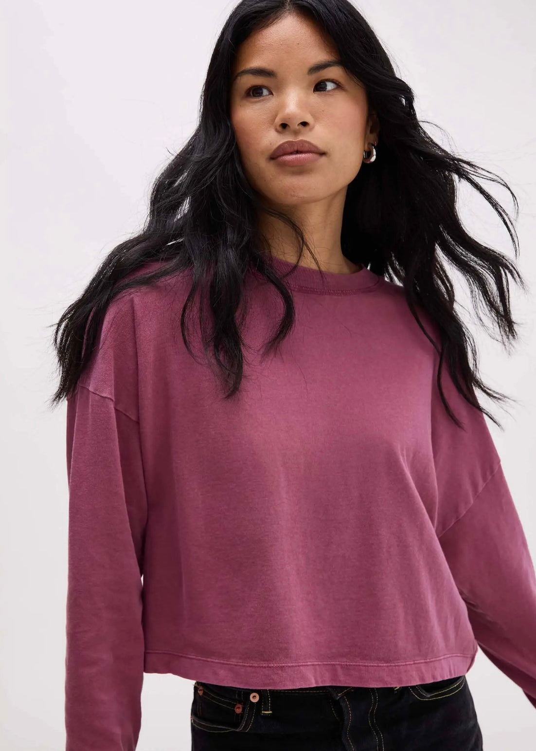 Relaxed Crop Long Sleeve Tee - Burgundy