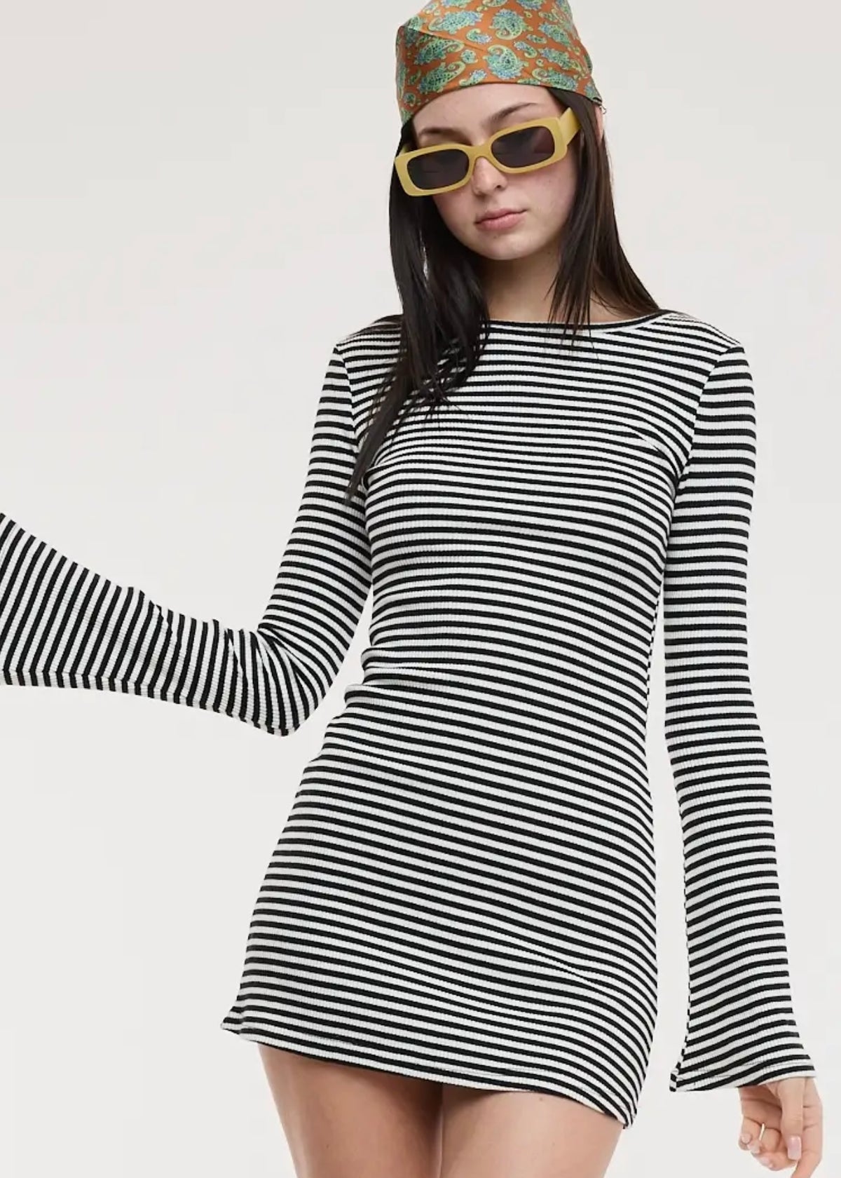 Flare Sleeve Striped Mini Dress