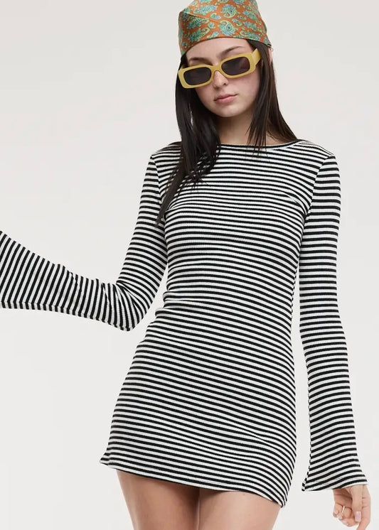 Flare Sleeve Striped Mini Dress