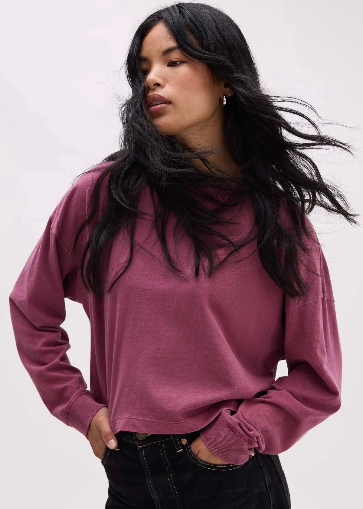 Relaxed Crop Long Sleeve Tee - Burgundy