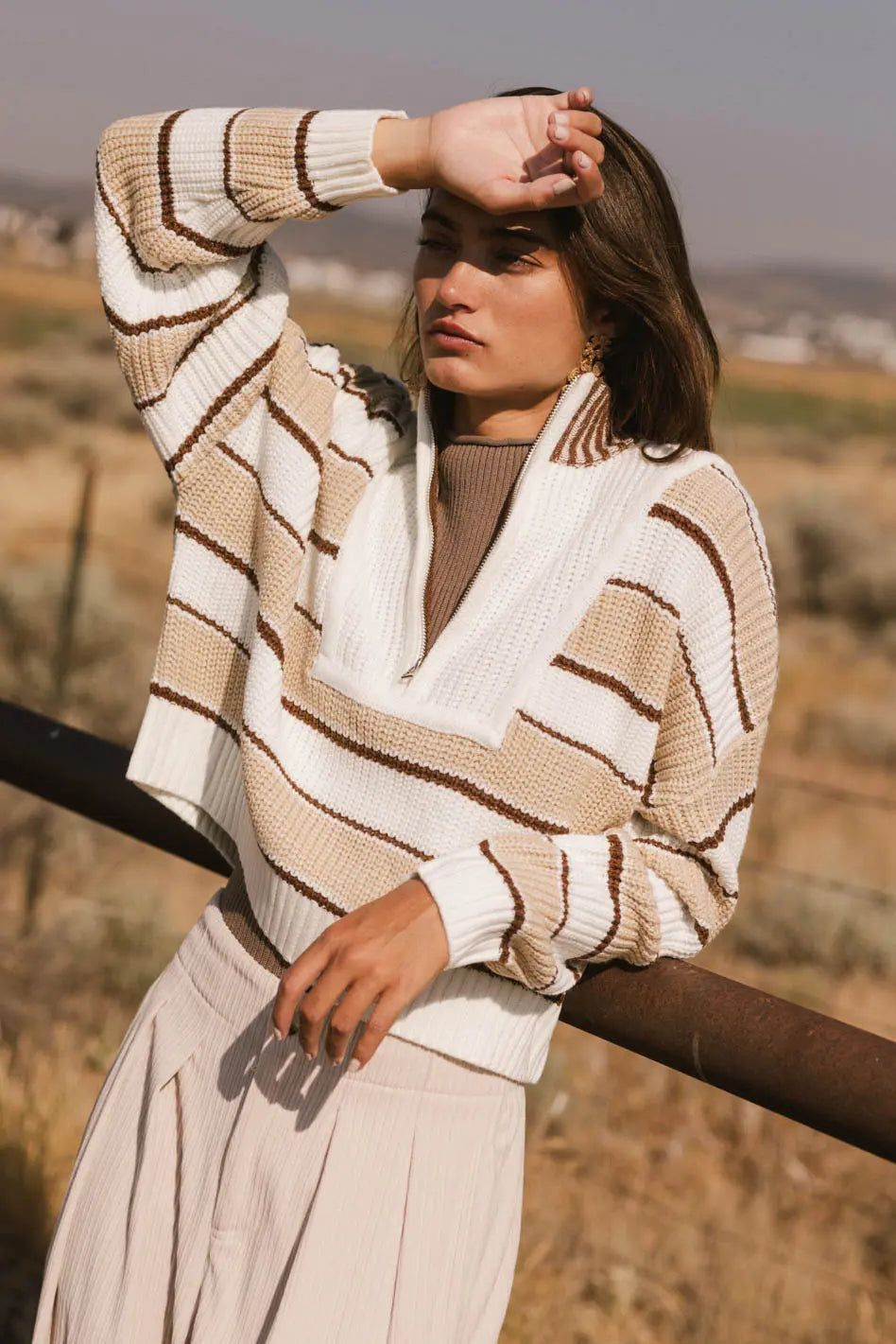 Color Block Half-Zip in Ecru