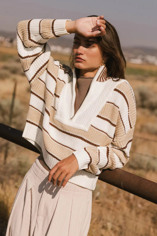 Color Block Half-Zip in Ecru