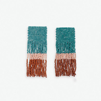 Ava Color Block Beaded Fringe Earrings - Teal