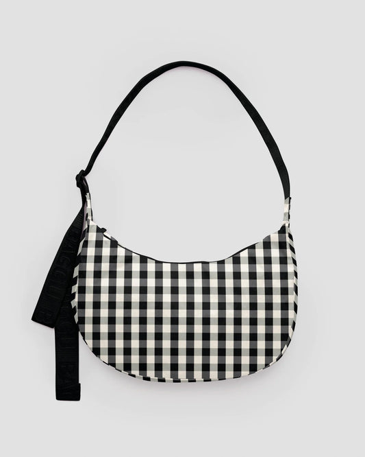 Medium Nylon Crescent Bag - Black & Cream Gingham