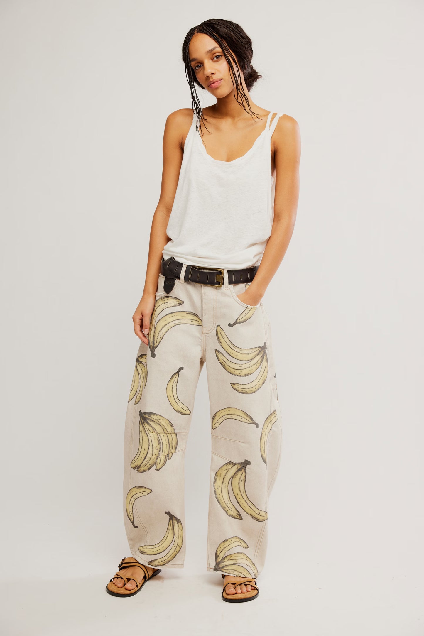 Good Luck Printed Barrel Jeans in Go Bananas