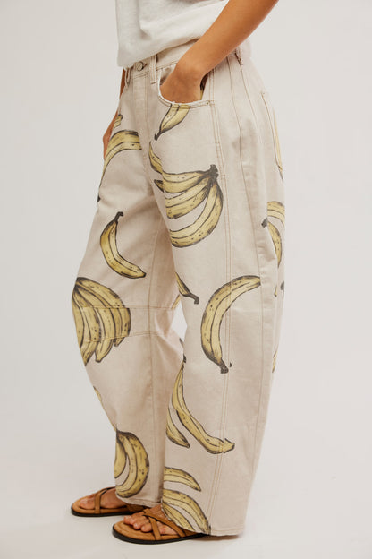 Good Luck Printed Barrel Jeans in Go Bananas