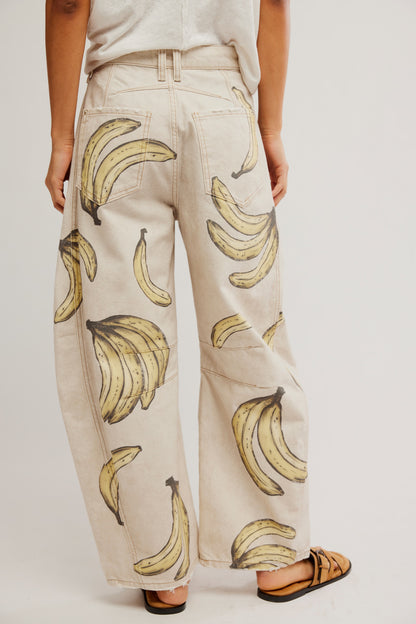 Good Luck Printed Barrel Jeans in Go Bananas