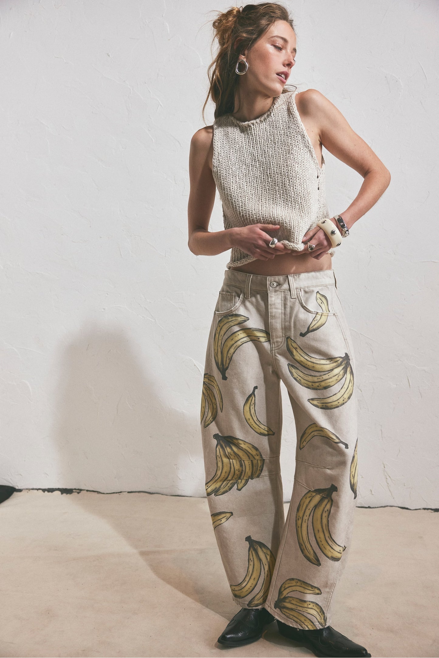 Good Luck Printed Barrel Jeans in Go Bananas