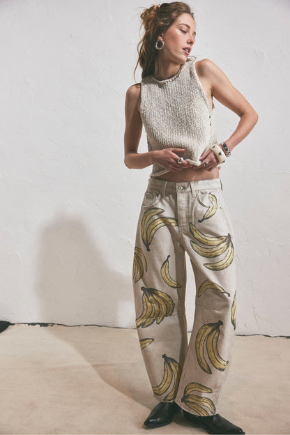 Good Luck Printed Barrel Jeans in Go Bananas