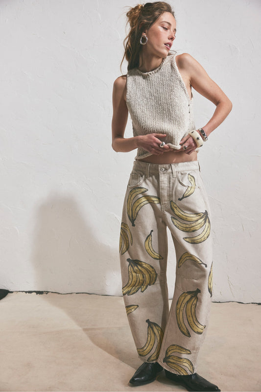 Good Luck Printed Barrel Jeans in Go Bananas