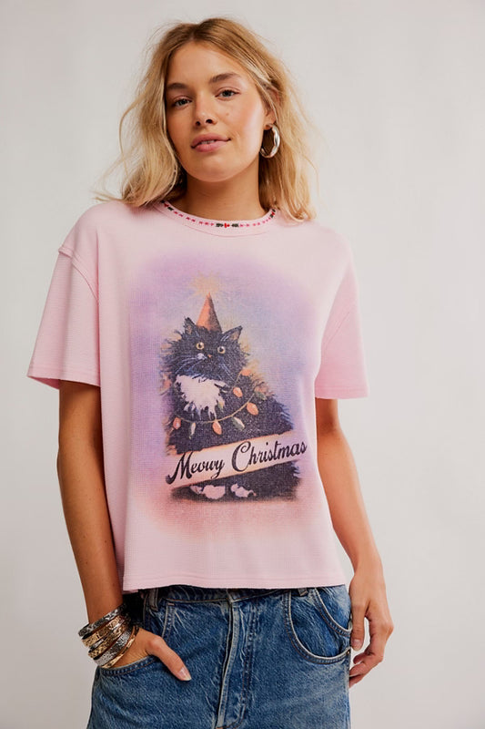 Merry Meowy Tee in Pink