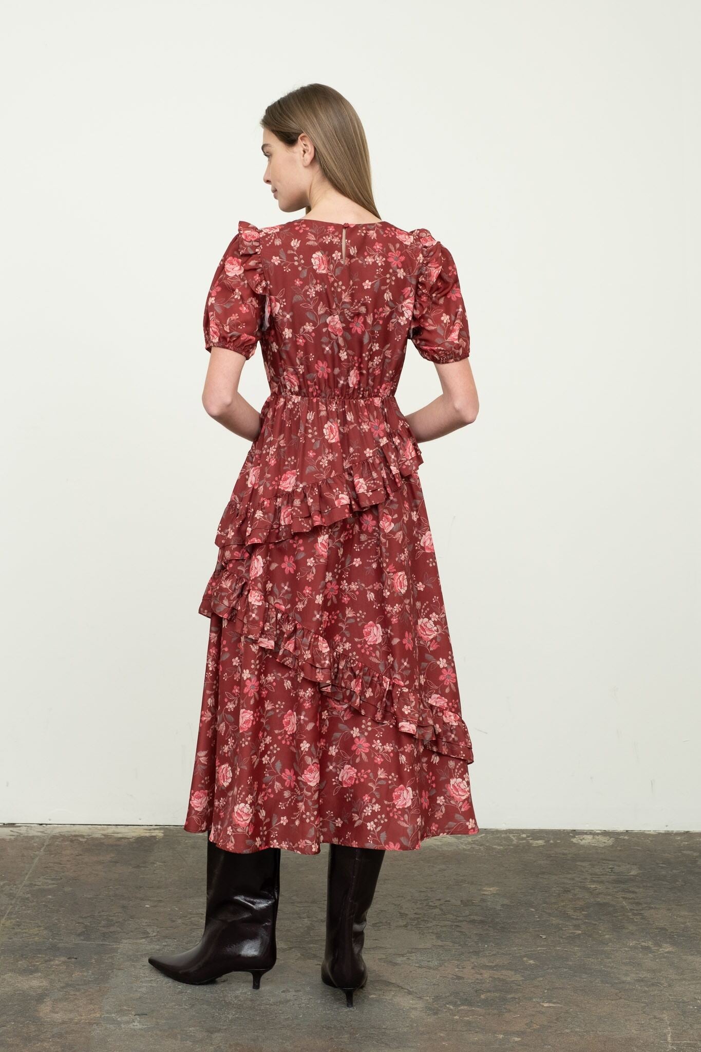 Floral Puff Sleeve Asymmetrical Midi Dress