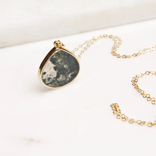 Moss Agate Large Drop Gold Pendant Necklace