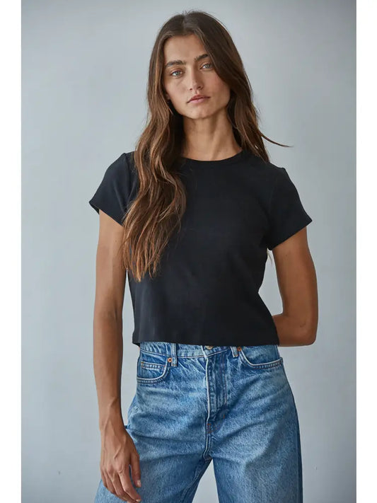 Short Sleeve Knit Crop Top in Black