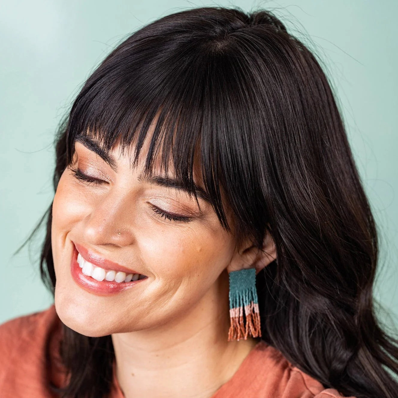 Ava Color Block Beaded Fringe Earrings - Teal